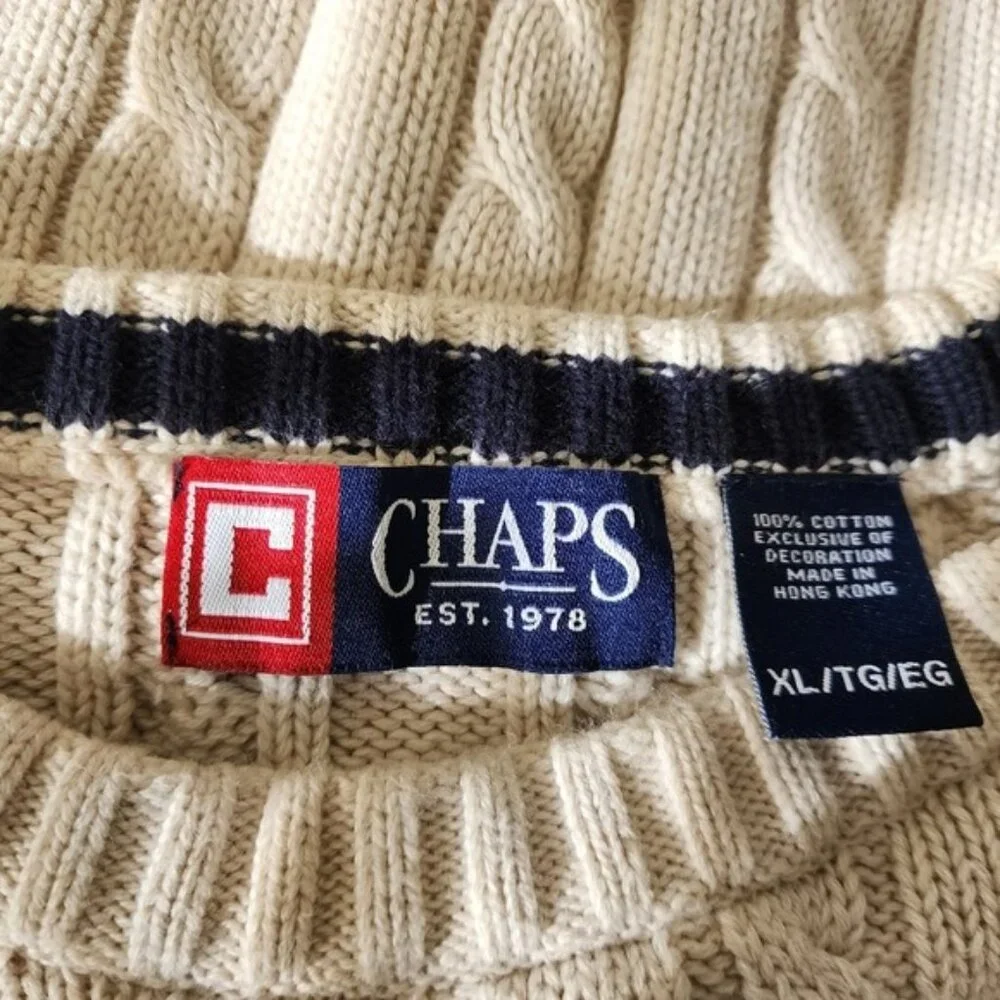 Chaps Beige Cable Knit Cotton Crewneck Men's Sweater Size XL